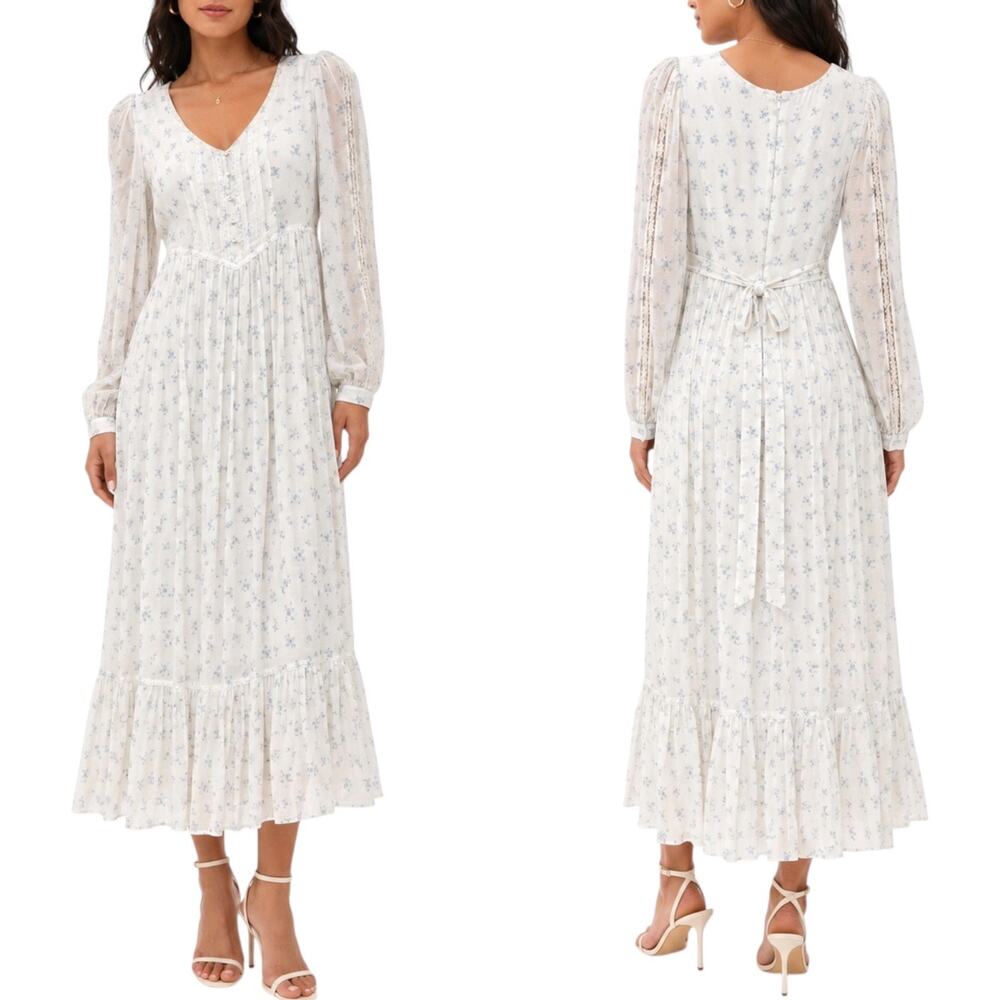 Gunne Sax Jessica McClintock 1970s Vintage Prairie Dress Floral Maxi, White, XXS